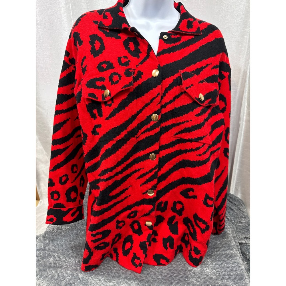 Ruby Rd Petite Red Black Animal‎ Print Knit Shacket Button Up Sweater Jacket PM